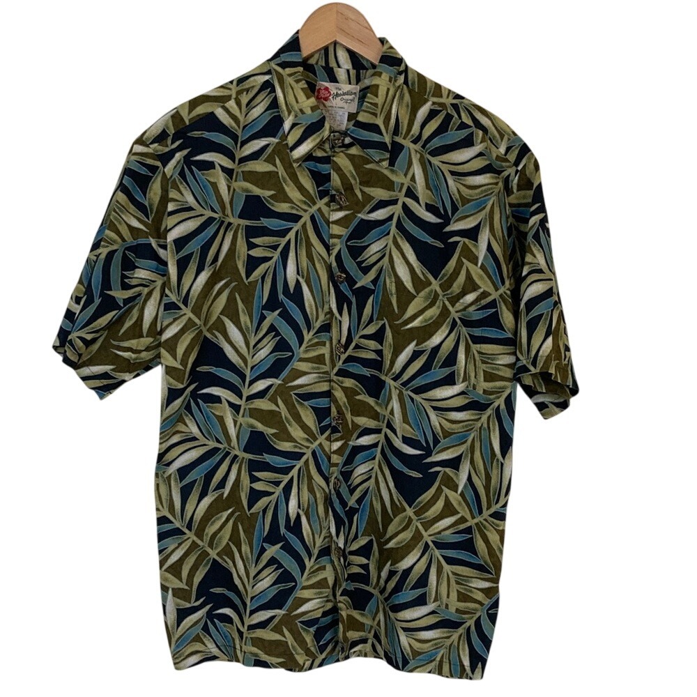 Hilo Hattie Mens Palm Leaf Print Butto Up Shirt Size Large Blue Green Resort
